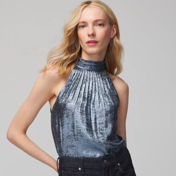 WHBM Halter Pleated Shell Top Blue Metallic 0 - Picture 1 of 10